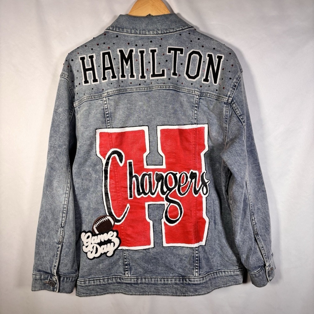 Varsity Jean Jacket Large Hamilton Football Hand Painted Patchwork Studded Game